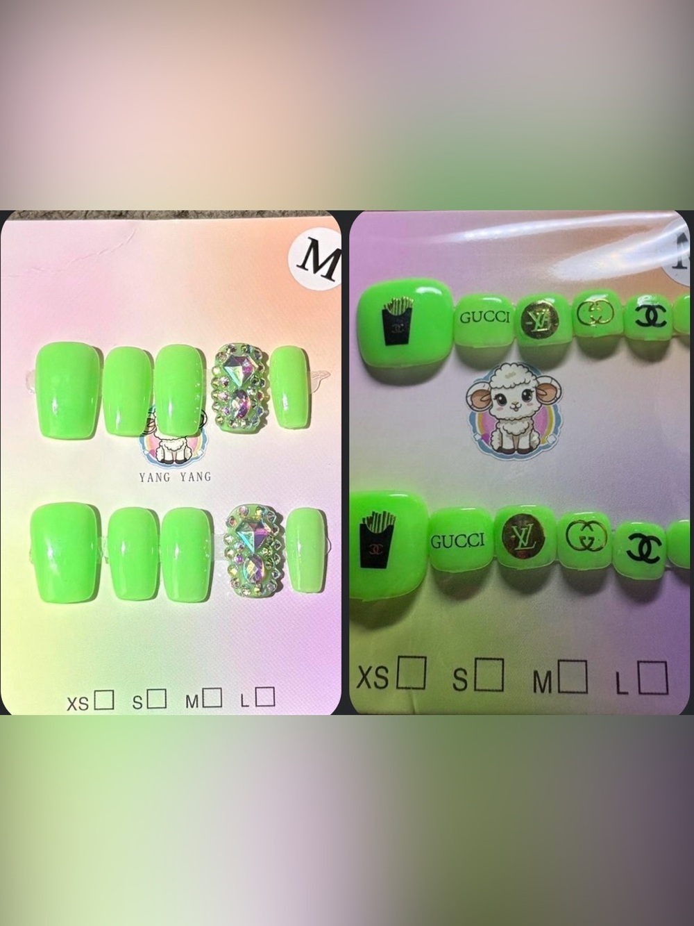 Unbranded Neon Green Press-On Nail Set with Jewel Accent